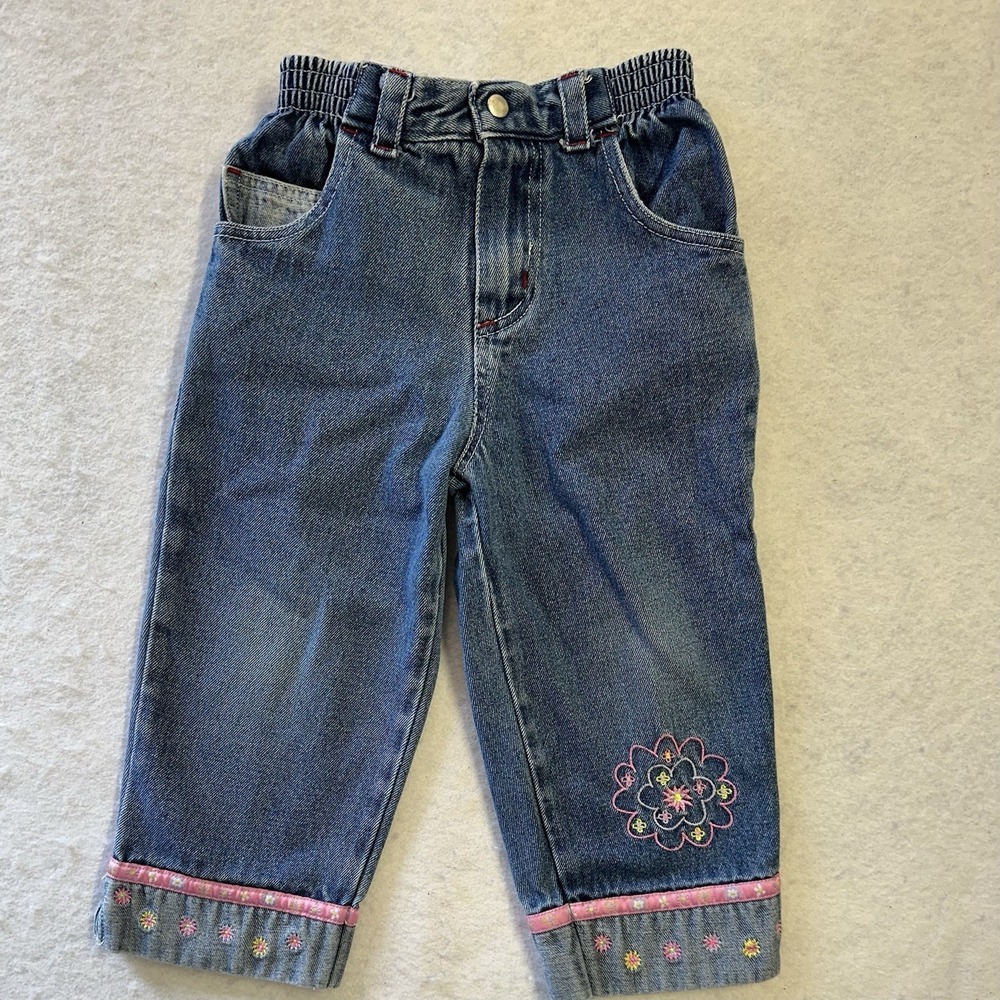 Vintage 90's KIKS Baby Girl Denim Floral Embroidered Jeans 24 Months 100% Cotton